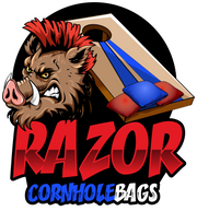 Razor Bags Pig head Logo with a Cornhole Board and Bags